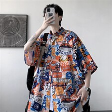 夏季冰丝新款男士宽松港风卡通满印短袖T恤衬衫A071-C33-P38，男装衬衫，电商A071