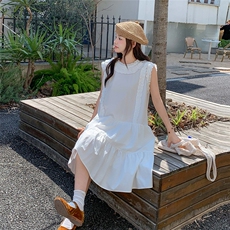 甜美减龄学院风韩系无袖木耳边小白裙夏季新款白月光休闲连衣裙女，女装连衣裙，2C261