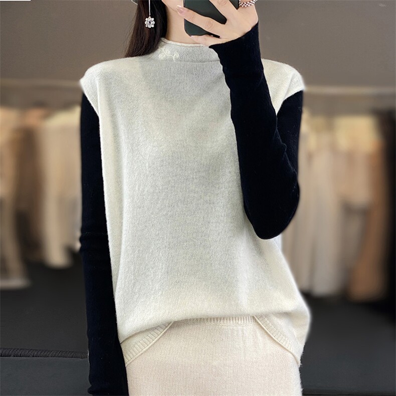羊毛针织马甲女半高领宽松卷边无袖毛衣坎肩背心,女装马甲,江南羊绒