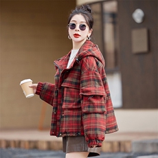 连帽羽绒服女冬季新款2025格子法式气质显瘦设计感时尚减龄外套潮，女装毛呢外套，水衣源