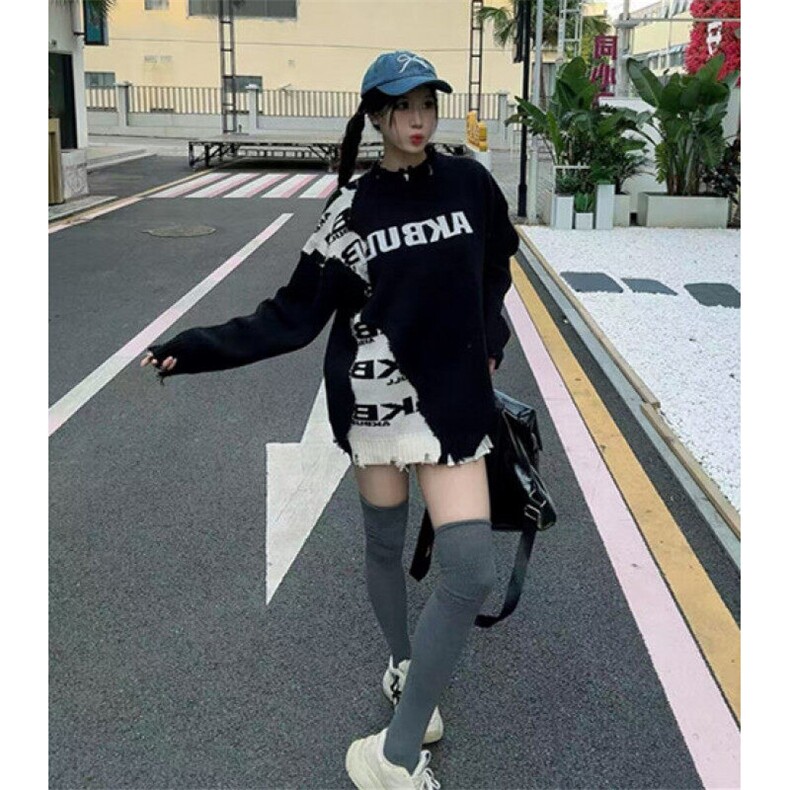 美式复古磨破拼接毛衣男女款设计感圆领宽松休闲针织衫MY284,男装针织衫/毛衣,星座1116A（原606A-3）