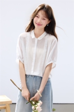 2026年夏季衬衫领休闲短袖纯色苎麻棉拼接衬衫小衫，女装衬衫，简韵佳