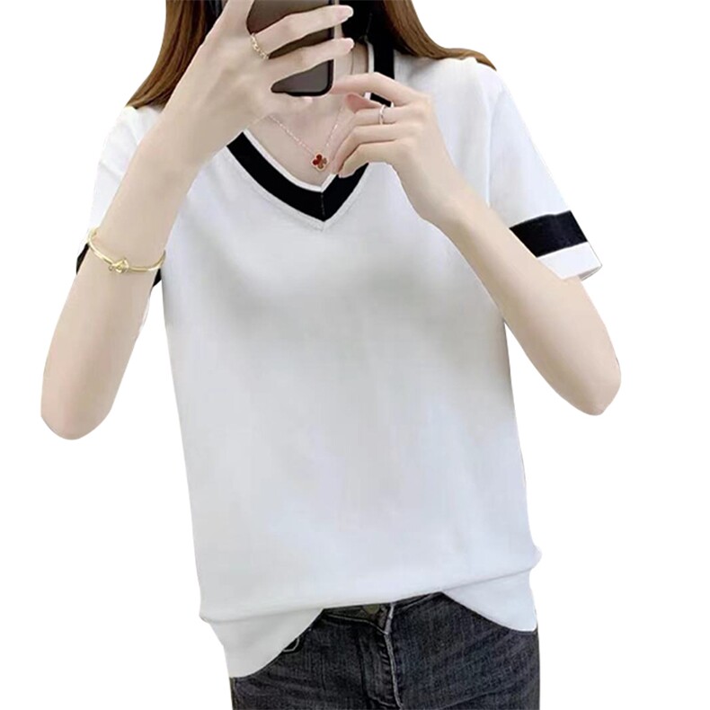 冰丝短袖女夏季2025新款拼色t恤女宽松遮肚上衣时尚洋气黑色体恤,针织衫/毛衣,萱芳婷羊绒