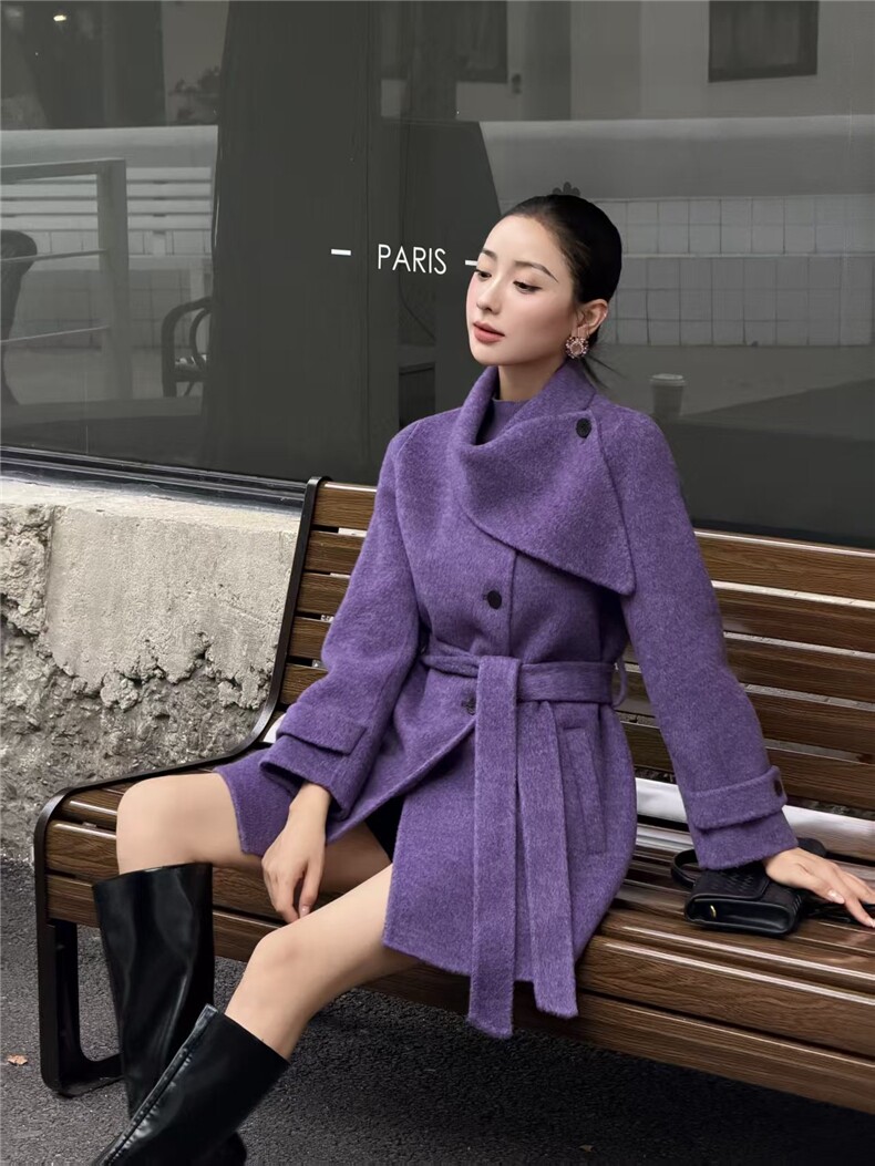 2026年韩系气质围巾领斜襟2026年秋冬新款宽松短款女羊毛大衣外套,女装双面呢大衣,天品羊绒工厂