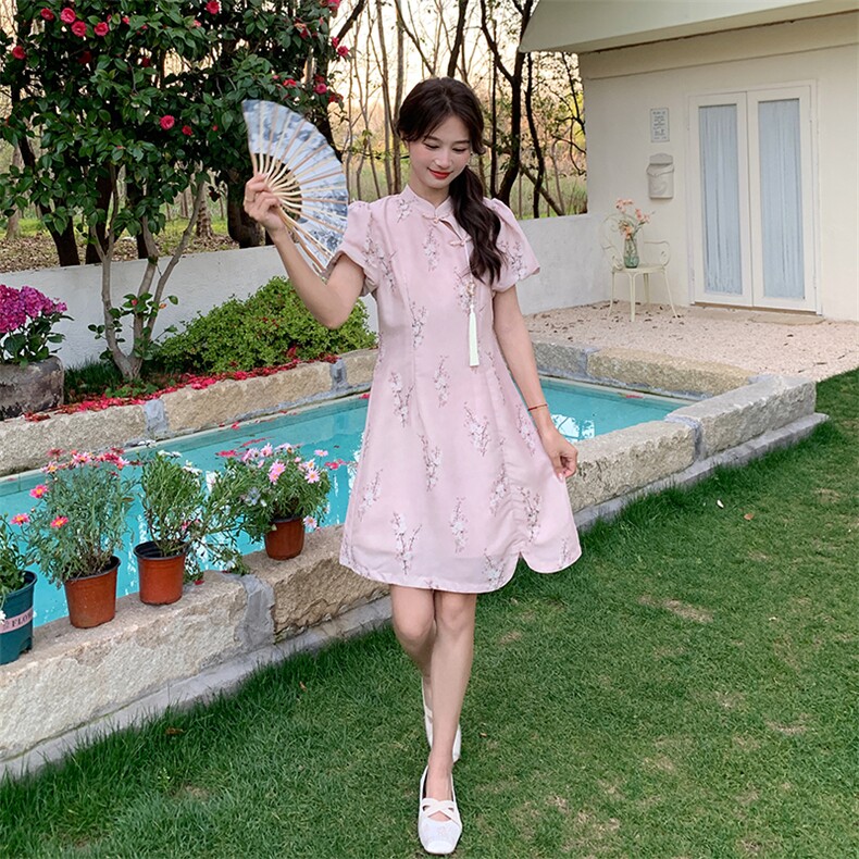 新中式盘扣收腰连衣裙女2025夏季新款气质温婉改良旗袍裙,女装连衣裙,浙宝203