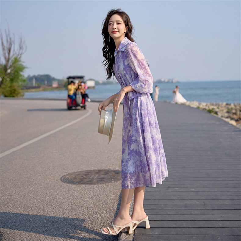 紫色碎花衬衫连衣裙女新款法式独特气质收腰裙子,女装连衣裙,韩蔻秀