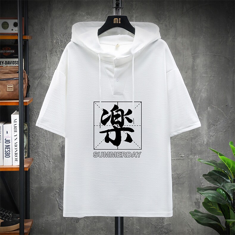 LD54197-P45 连帽短袖t恤男大码胖子带帽五分袖中袖 展架图片