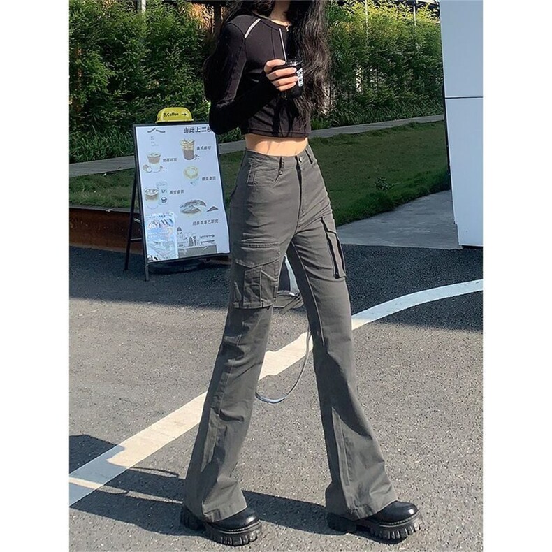 美式微喇叭工装裤牛仔裤女秋季高腰显瘦复古辣妹垂感马蹄裤子,男装牛仔裤,星座506A