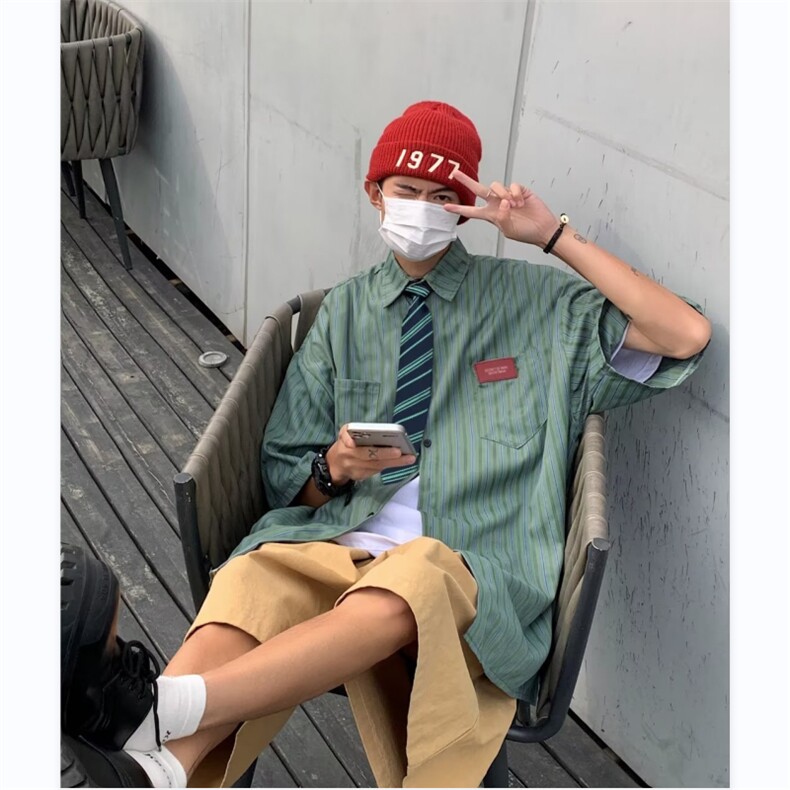 配领带2025夏季衬衫男韩版潮条纹复古文艺新款ins外套CY182-P38,男装衬衫,星座412