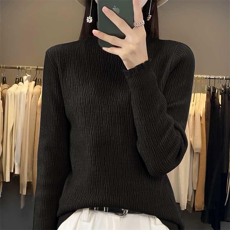 纯色秋冬季新款百搭时尚休闲气质半高领拼接套头衫女,针织衫/毛衣,佳绒包芯纱店