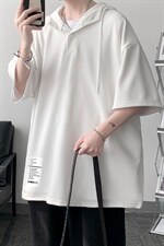 LD54045-P45连帽短袖t恤男大码胖子带帽五分袖中袖大皂风，男装T恤，电商A040