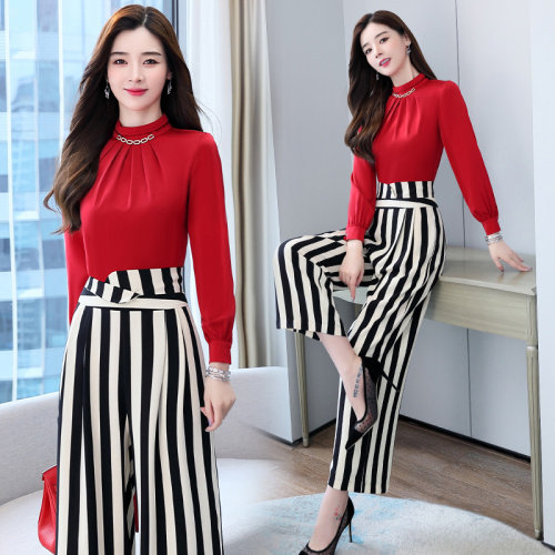 条纹职业套装女2024春秋新款高级感时尚气质高腰显瘦阔腿裤两件套,女装套装/套裙,丽美静依