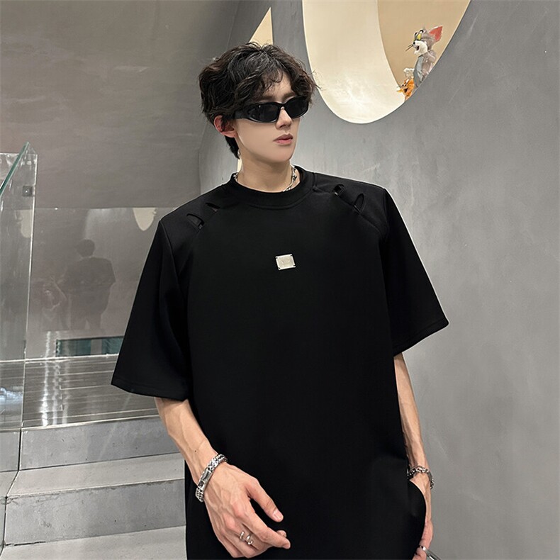 破洞设计夏季垫肩运动T恤重磅美式短袖932P45，女装T恤，电商A458A