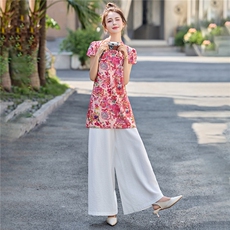 新中式国风绿色印花上衣套装女夏新款高级感别致白色阔腿裤两件套，女装套装/套裙，贵人树