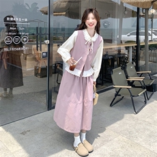 文艺风穿搭粉色马甲套装女春秋2025超火好看高级感半身长裙三件套，女装套装/套裙，2C056