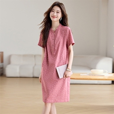 时尚波点印花棉麻连衣裙女2025新款宽松显瘦夏季薄款亚麻休闲裙子，女装连衣裙，文熹诺