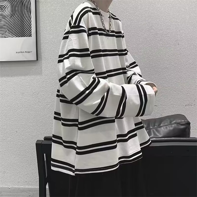 条纹长袖t恤男秋季百搭宽松潮流ins港风情侣装圆领打底衫上衣,男装T恤,星座1210-1