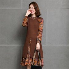 连衣裙2021年秋季潮流简约个性显瘦修身百搭圆领长袖中长款，女装连衣裙，安之芮娜