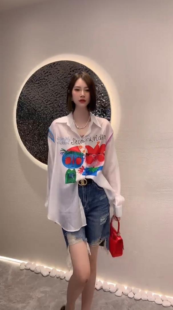 夏季新款欧洲站洋气卡通小人头衬衫,女装衬衫,L·H·X