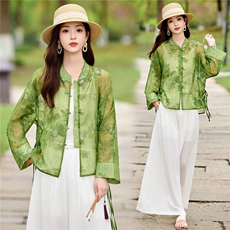 2026年夏季新中式重工刺绣衬衫防晒女宽松立领阔腿裤两件套，女装套装/套裙，米尚