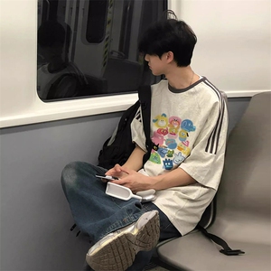 夏季美式高街重磅纯棉三条杠织带撞色男女短袖T恤ZD506-特P30图片