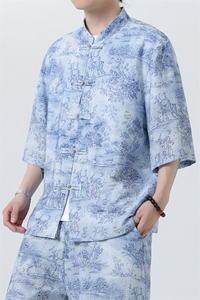 2025春季新款风男装盘扣新中式唐装竹叶印花衬衫 C111-P50图片