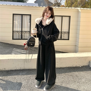 韩系慵懒风毛领连帽卫衣套装女冬季加绒加厚两件套休闲运动套装图片