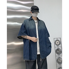 S305-P58夏季新款潮牌拉链短袖衬衫渐变水洗做旧牛仔衬衣男现货，男装衬衫，星座512-6