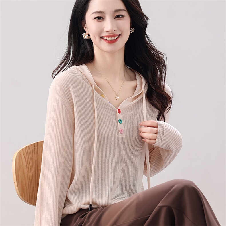 连帽彩扣针织衫女装春夏内搭打底衫新款洋气长袖空调衫上衣,针织衫/毛衣,秋虹羊绒