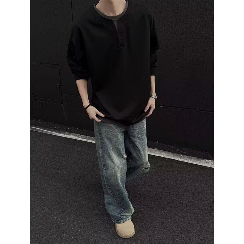 网络图现货春新假两件亨利领华夫格卫衣男宽松潮流上衣RX1391-P48,男装T恤,星座1005-4
