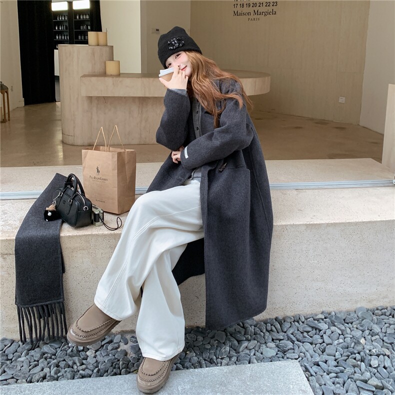 配围巾慵懒风双面羊毛呢大衣2B72--8698--P260--K338，女装双面呢大衣，乐吉娜