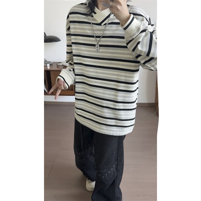 现货PL22-P55控88不规则翻领条纹polo衫男长袖秋季宽松休闲上衣服，男装Polo衫，星座403（原603-1）