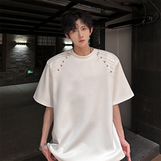 现货垫肩小众高级感铆钉短袖夏季宽松潮男T恤A071-T70-P40，男装T恤，电商A071