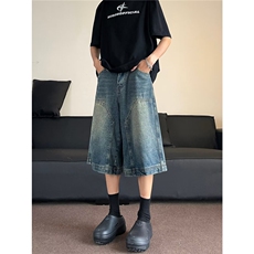 美式复古水洗高街牛仔短裤男直筒阔腿做旧休闲百搭七分裤潮，男装牛仔裤，星座716-2