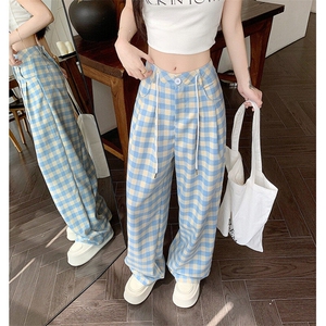 蓝色格子抽绳休闲裤拖地裤女夏季高腰宽松百搭直筒裤长裤 KW72图片