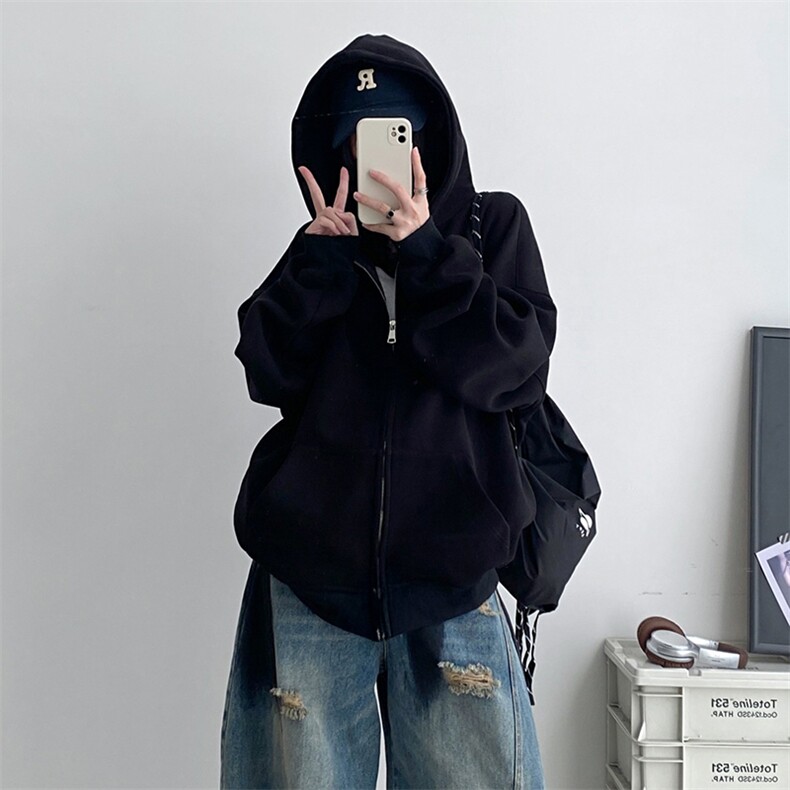 抖音得物二开秋冬美式高街重磅结构高领拉链连帽卫衣外套W93,男装卫衣,电商A486-1