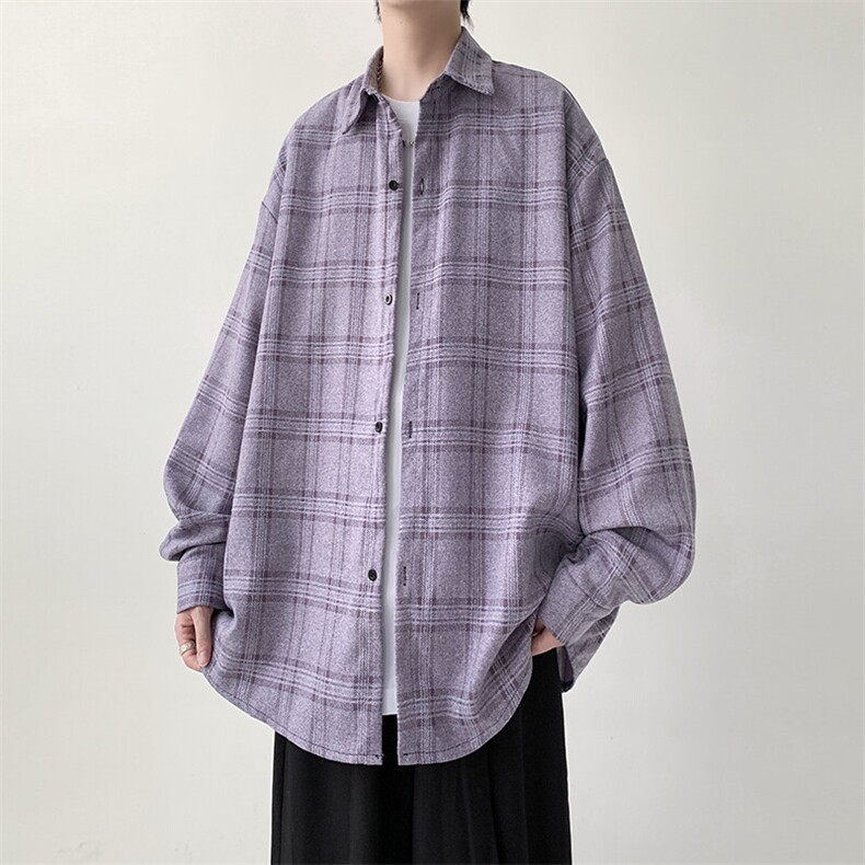 宽松格子衬衫男生紫色衬衣厚款KD622-P30图片