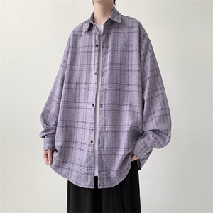 宽松格子衬衫男生紫色衬衣厚款KD622-P30图片