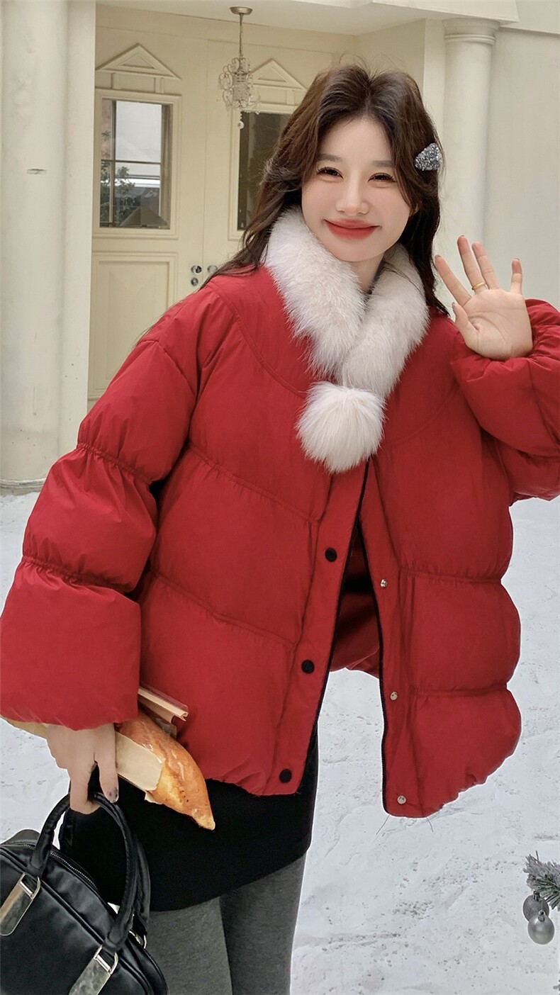 大毛领红色羽绒服女冬2025超火好看高级小众独特漂亮短款加厚外套,女装羽绒服,2C236