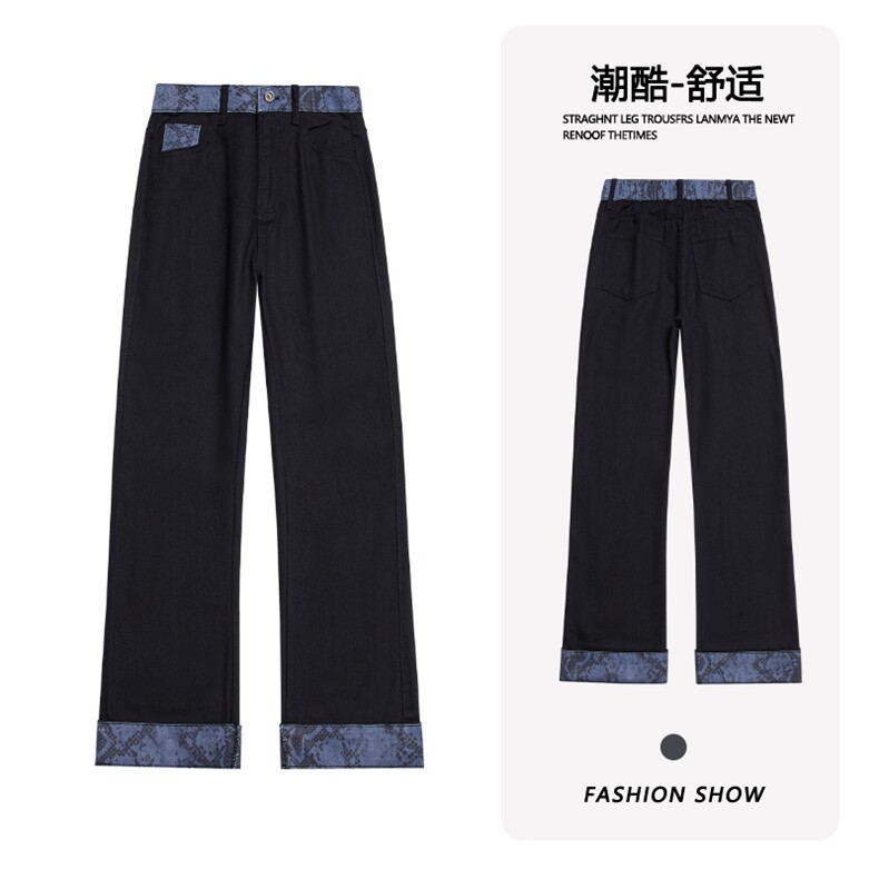 B221美式高街直筒拼接牛仔裤黑色50%棉 50%聚酯LK25520-特P45控78图片