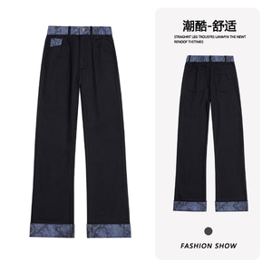 B221美式高街直筒拼接牛仔裤黑色50%棉 50%聚酯LK25520-特P45控78图片