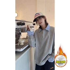 重磅加绒硬挺boxy男女美式高街假两件衬衫领长袖卫衣POLO领打底衫图片