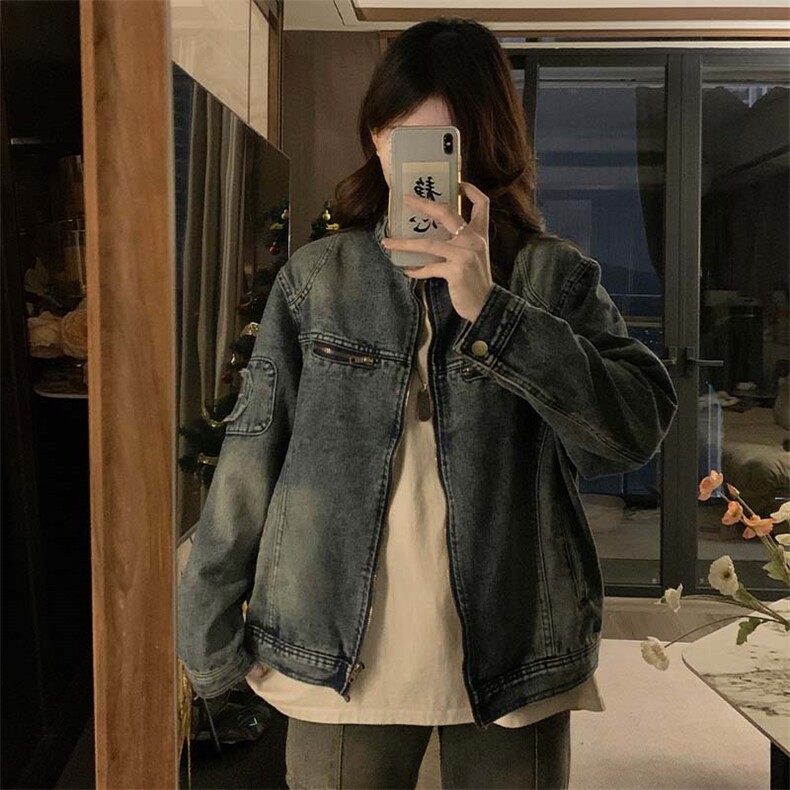 美式复古做旧水洗牛仔外套女2025春秋拉链宽松工装夹克潮C747-88,男装工装外套,星座911-2(原星座613-2）