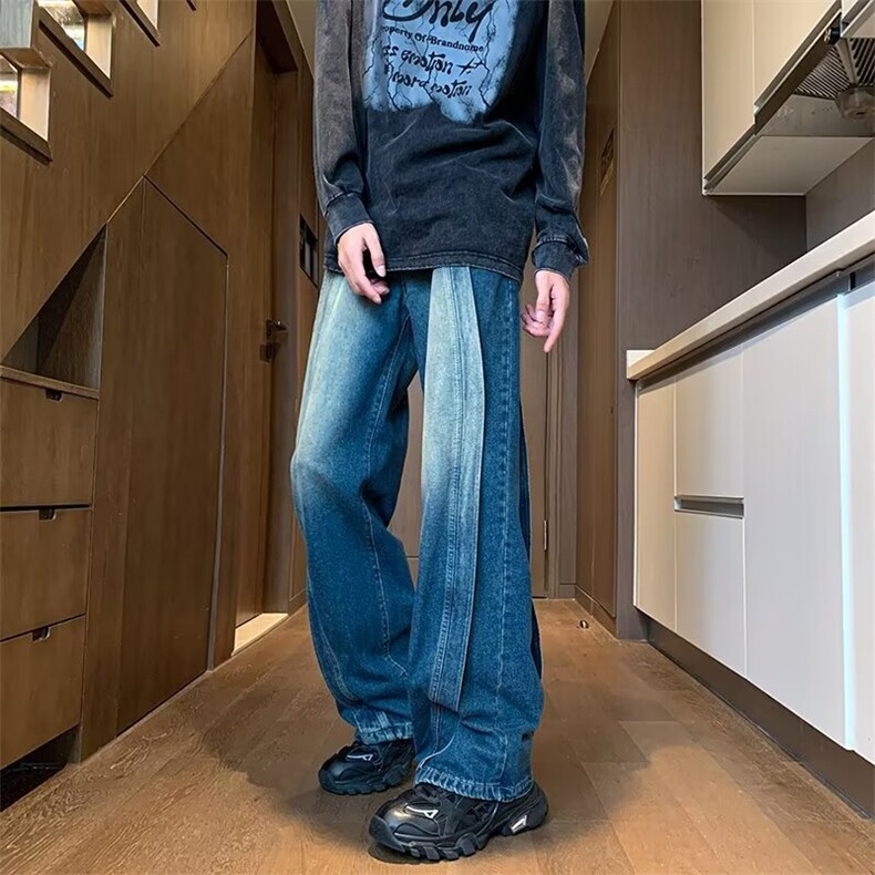 拼接牛仔裤男款美式高级感休闲长裤潮牌宽松阔腿裤子31004-p55,男装牛仔裤,星座1008
