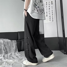 中式风盘扣裤子男士夏季新款高级感垂感宽松直筒阔腿休闲长裤，男装休闲裤，星座1013