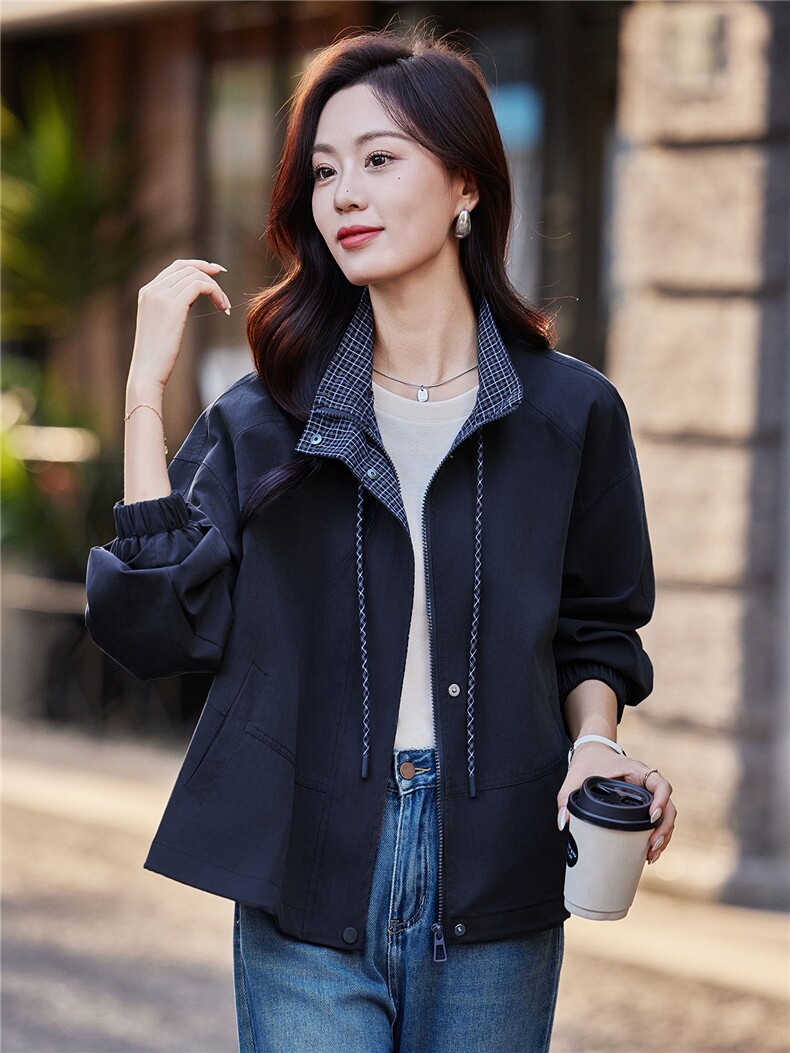 高级感格子拼接抽绳立领短款夹克外套女2025秋季宽松时尚洋气上衣,女装短外套,靓衣阁