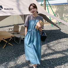 法式气质条纹拼接牛仔连衣裙女2025夏季新款韩版收腰显瘦减龄长裙，女装连衣裙，辉之琳