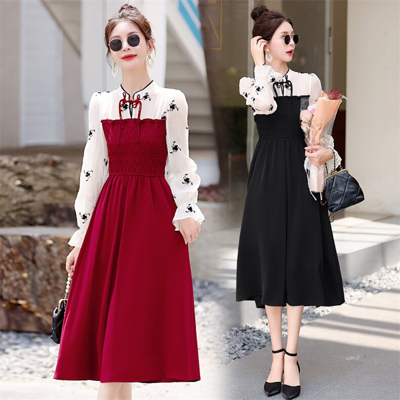 新中式改良国风长袖连衣裙女春秋2024新款别致独特拼接收腰中长裙，女装连衣裙，丽美静依