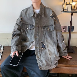 2024新款ins做旧磨白牛仔外套破洞宽松情侣装休闲夹克 W6914-P65图片