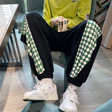 特P25控58春秋港风牌棋盘格长裤拼接束脚裤休闲卫裤100聚酯K2202，男装休闲裤，电商B370